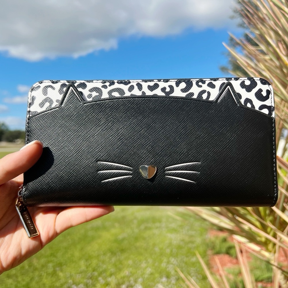 Kate Spade Meow Cat Large Continental Wallet Black Leather Leopard - Picture 1 of 4